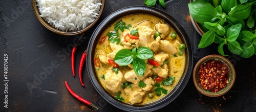 Delicious bowl of chicken curry with aromatic red chilis and spoon of rice, traditional Indian cuisine concept