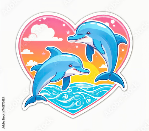 heart shaped sticker with two dolphins jumping out of the water