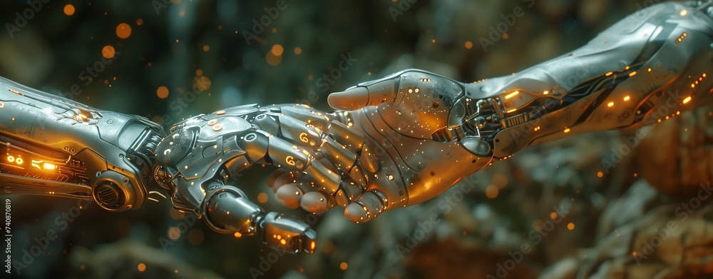 A macro photograph showing two arthropodlike robotic hands clasped together A macro photograph showing two arthropodlike robotic hands clasped together