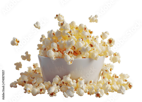 Delicious popcorn in white bowl cut out isolated on transparent or white background, png file