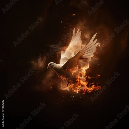 Flying white dove with fire effect on dark background. Symbol of peace. Gifts of holy spirit concept	