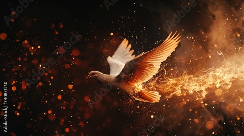 Flying white dove with fire effect on dark background. Symbol of peace. Gifts of holy spirit concept 