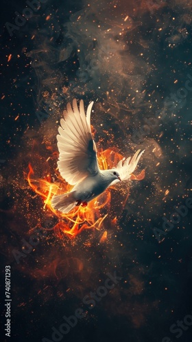 Flying white dove with fire effect on dark background. Symbol of peace. Gifts of holy spirit concept	