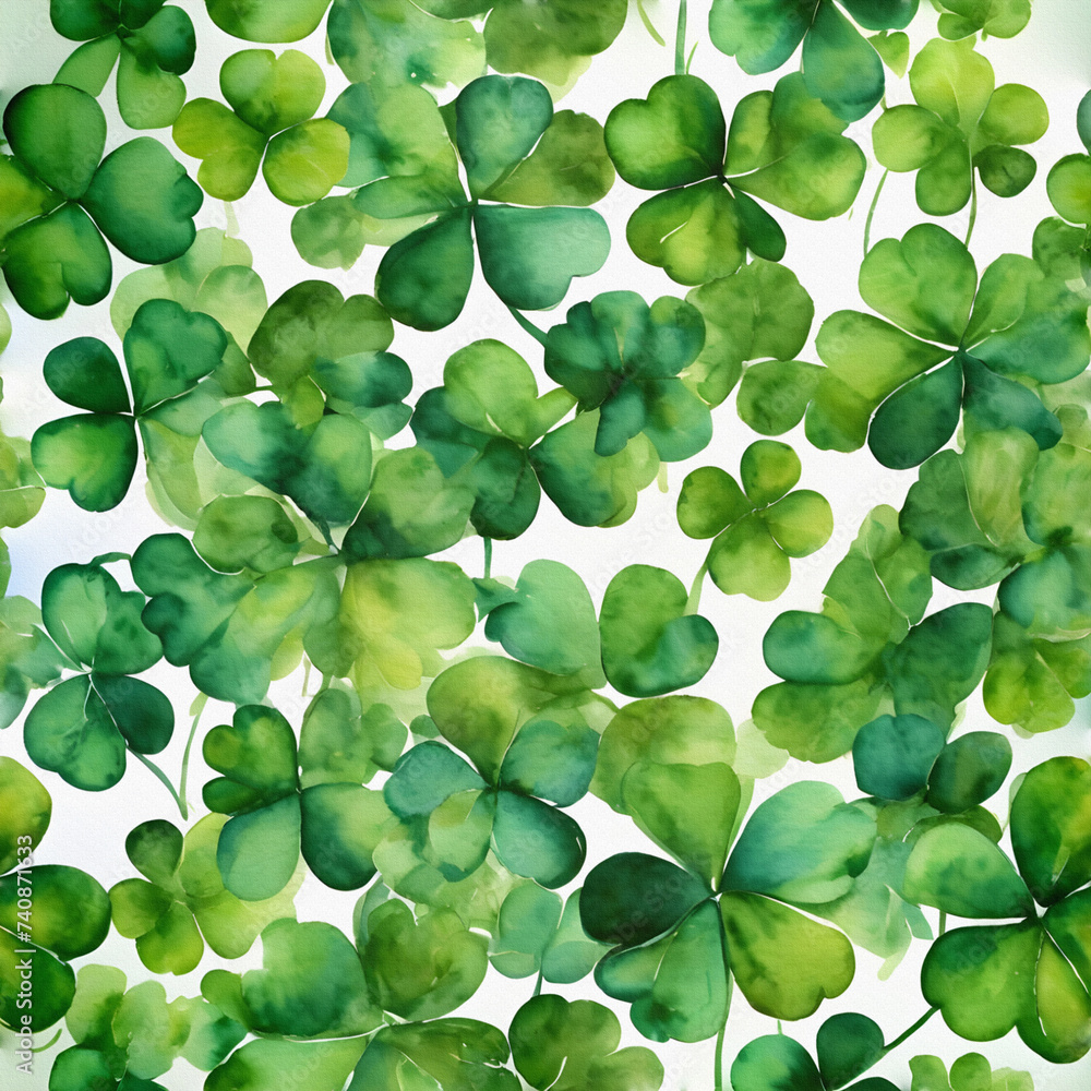 Seamless pattern with watercolor clover on white background. Hand drawn illustration.