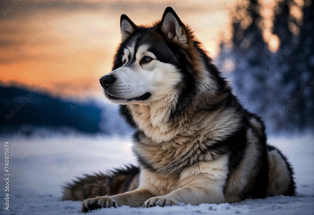 Fototapeta premium Alaskan Malamute dog poses with its whole body in nature
