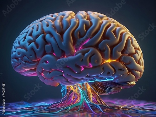 A vibrant brain, pulsing with electric energy, sits atop a sleek studio background. 