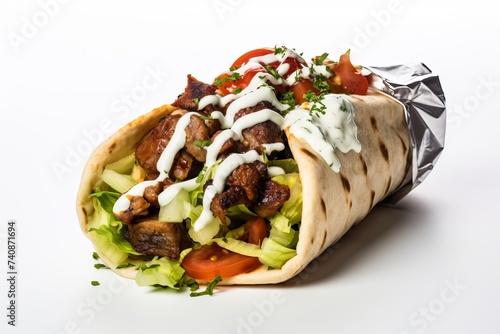 Gyro Wrap on White Background, Greek Lamb Gyro Wrap on White, Mediterranean Gyro Sandwich, Grilled Meat Wrap with Vegetables, Lamb Gyro with Vegetables, Healthy and Delicious Gyro Wrap,Easy to cut out