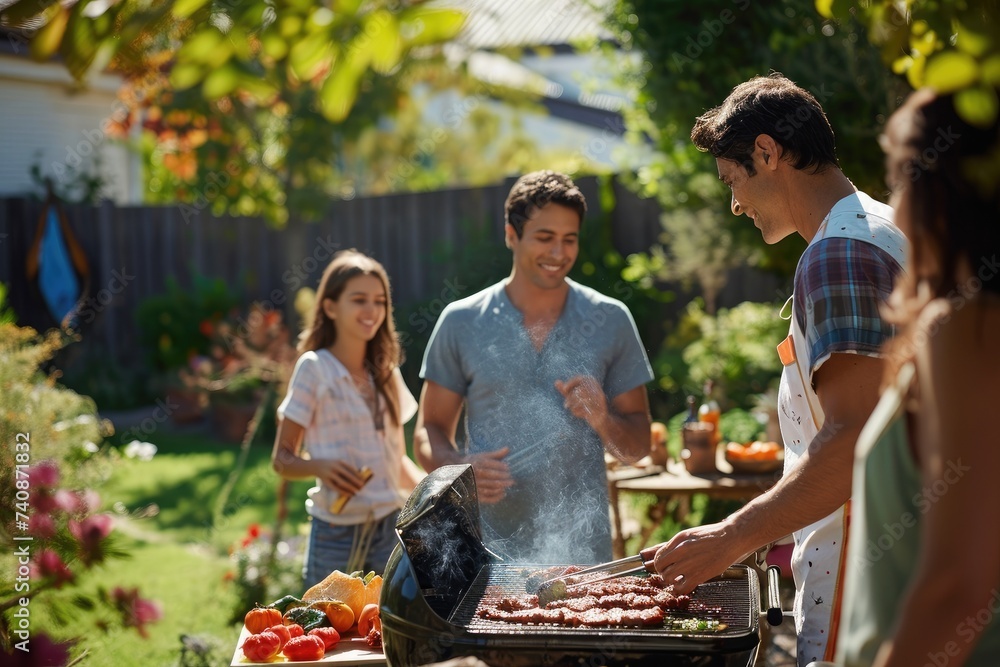 A diverse group of individuals standing around a barbecue grill, preparing food and enjoying a social gathering, Families enjoying a barbecue party in a suburban backyard, AI Generated - obrazy, fototapety, plakaty 