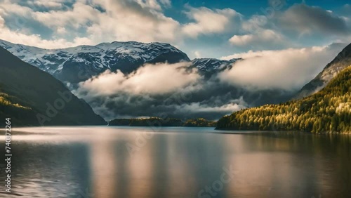 Beautiful Nature Norway natural landscape lovatnet lake flying over the clouds photo