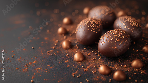 Chocolate Easter eggs with cocoa and decorations on a dark background, happy Easter wallpaper with copy space