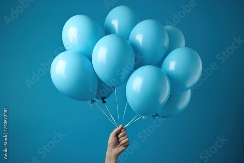 Hand holding blue balloon on blue background