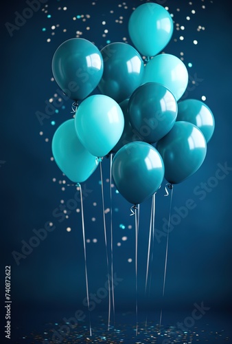 sparkling blue balloons against a blue background and sprinkling particles 