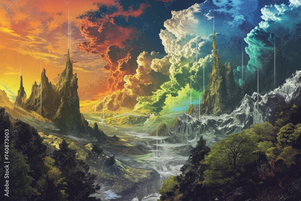 A painting capturing the grandeur of a mountainous landscape, with towering peaks adorned by billowing clouds, Fantastical landscape operated through blockchain, AI Generated