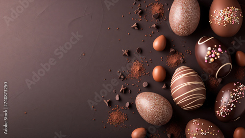 Easter wallpaper with chocolate eggs on a brown background with copy space