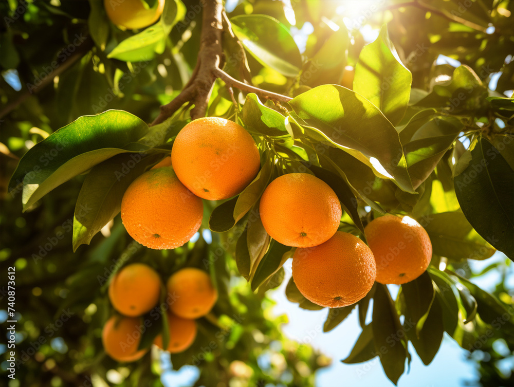 Closeup of bunch of oranges hanging on orange tree - ai generative