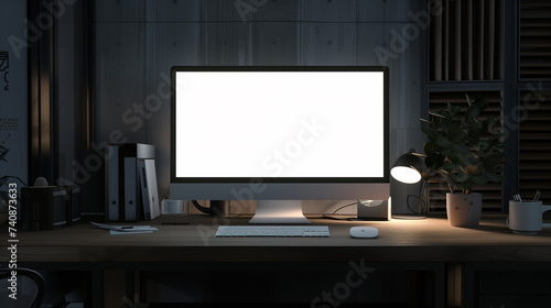 Blank white screen desktop computer mockup in modern office room or home workspace with decorations