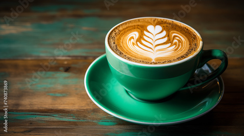 Cappuccino (late) with lush foam in a green cup on a wooden background. Popular Italian coffee drink. photo