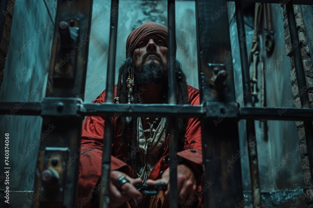 Wistful pirate with dreadlocks wearing red clothes and bandana looks through prison bars