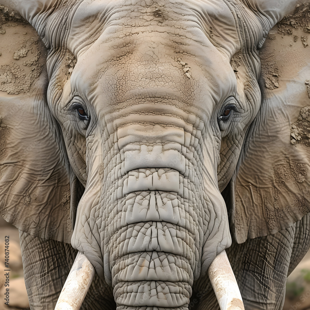 Close-up photo of an African elephant's face with wrinkled skin and large tusks Close-up photo of an African elephant's face with wrinkled skin and large tusks