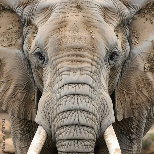 Close-up photo of an African elephant's face with wrinkled skin and large tusks