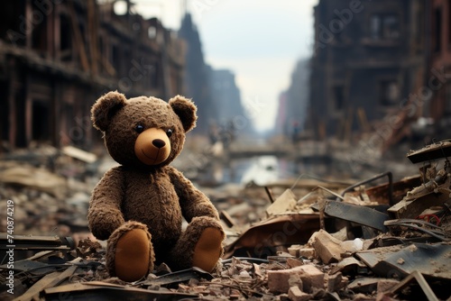 Teddy bear symbolizing innocence and hope amongst devastation in war-ravaged cityscape