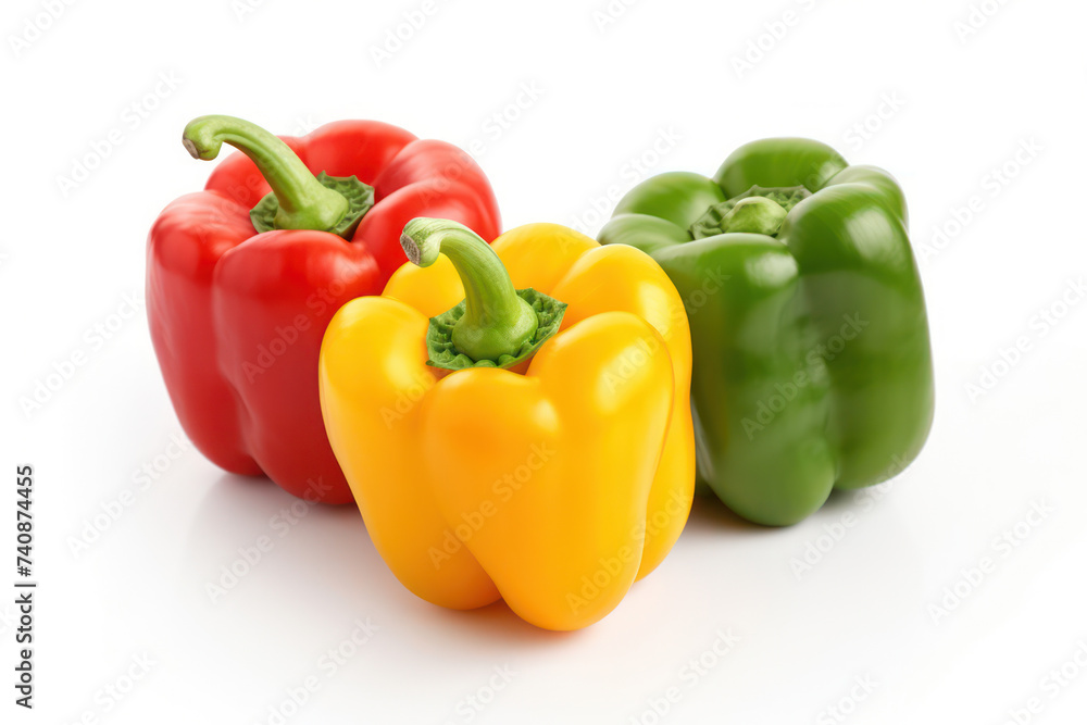 Vibrant Color Mix: Red, Yellow, and Green Bell Peppers on White Background Vibrant Color Mix: Red, Yellow, and Green Bell Peppers on White Background
