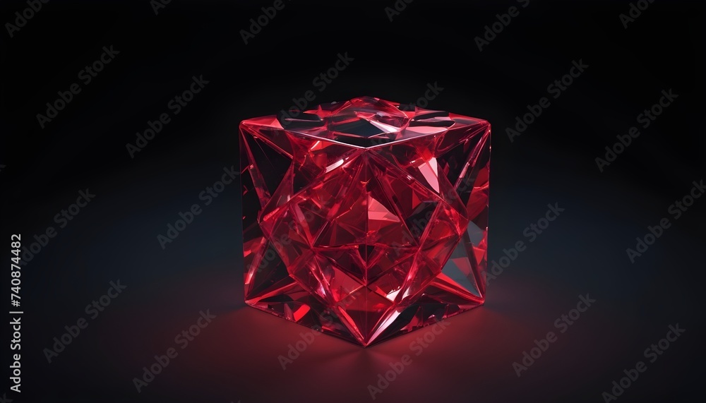 Low poly red poligonal crystal cube isolated on black background, gloomy Low poly red poligonal crystal cube isolated on black background, gloomy