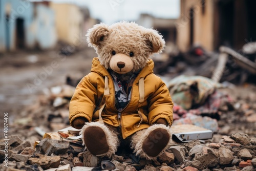 Childrens teddy bear amidst ruined city. symbol of innocence and hope amidst devastating war