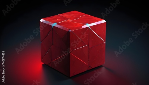 Low poly red poligonal cube isolated on black background