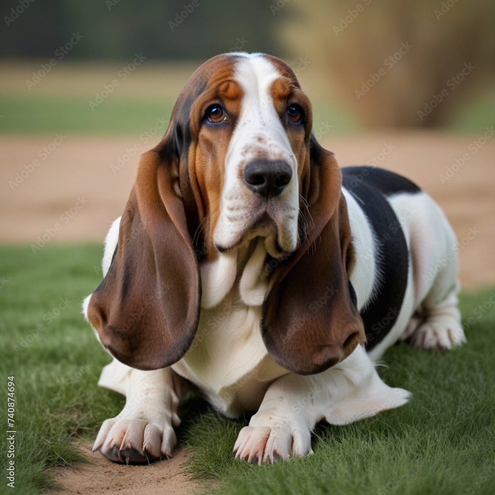 Beagle breed hunting dog poses with its whole body in nature Beagle breed hunting dog poses with its whole body in nature