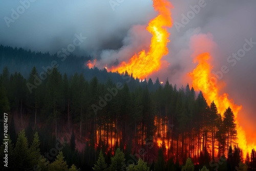 激しい山火事、ブッシュファイヤーで炎と煙が森を焼く © sky studio
