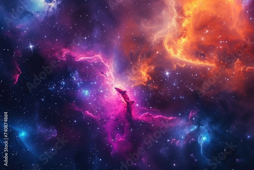 The photo depicts a vibrant space scene adorned with numerous stars and billowing clouds, Fantasy-inspired vibrant nebula cloud in an alien galaxy, AI Generated