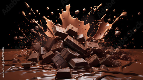Chocolate background, melted chocolate chips splash