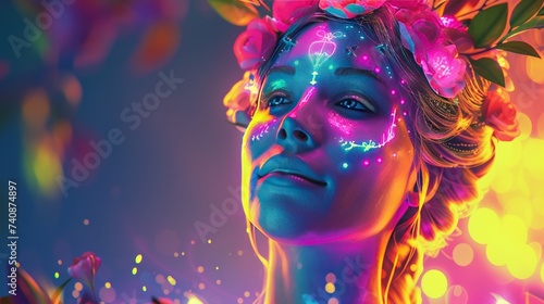 Fashion a radiant portrayal of the Greek goddess Aphrodite the goddess of love and beauty shining brightly in neon colors