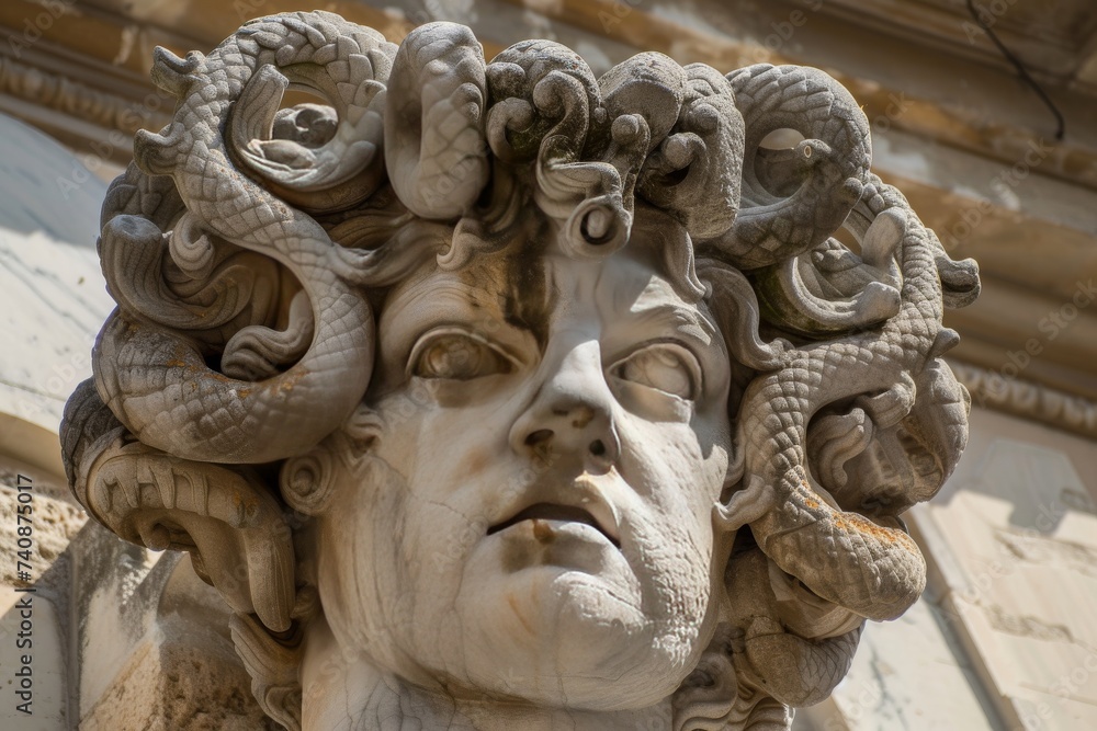 Obraz premium Medusa with serpents for hair turning a brave warrior to stone