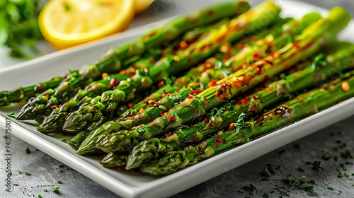 Grilled Asparagus With Red Pepper Flakes And Chives On A Rectangular White Serving Dish.