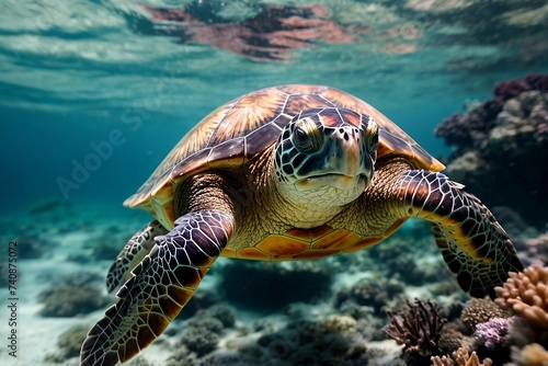 Portrait of sea turtle swimming under water. © Naveen