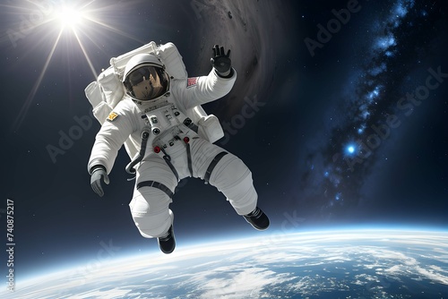 宇宙空間にいる宇宙飛行士と地球 © sky studio
