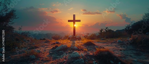 A silhouette of a Christian cross with 2024 years at sunset. Concept for the new Christian year 2024.