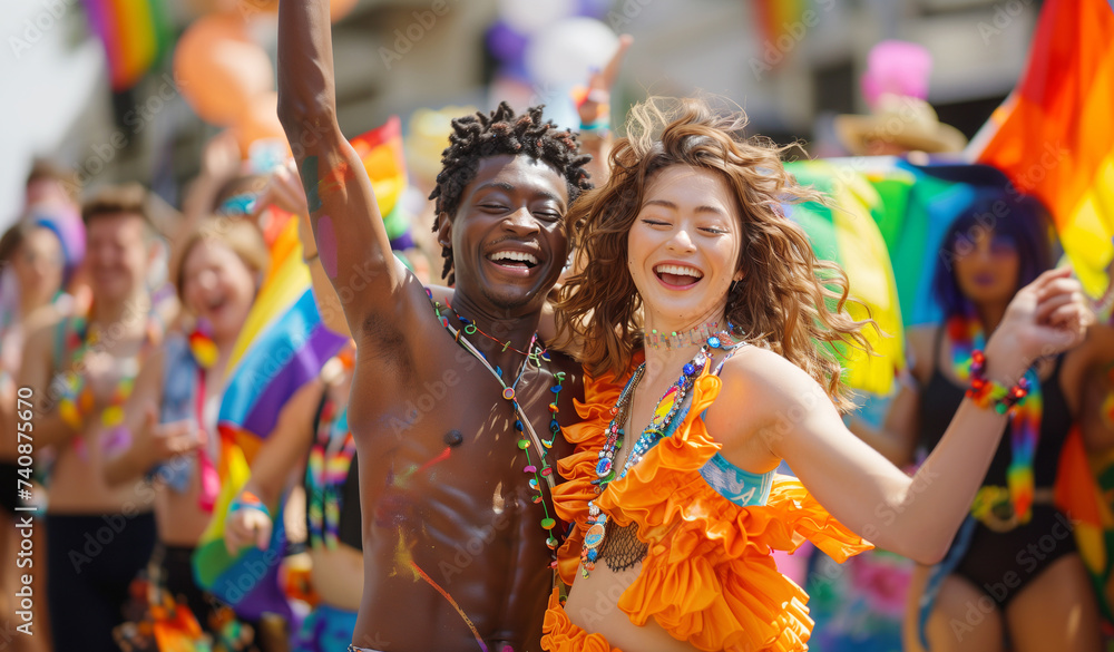 Obraz premium Portraits of multi ethnicity guys and girls cheerfully laughing and dancing while they celebrating Pride Day Parade in participants crowd. People dressed colorful mostly Rainbow LGBT flag colors.