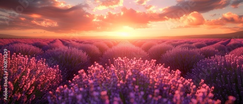 In a lavender flower field, Violet fragrant lavender flowers bloom. Growing lavender swaying in the wind, harvest, perfume ingredient, aromatherapy. Lavender fields, perfume ingredients. photo