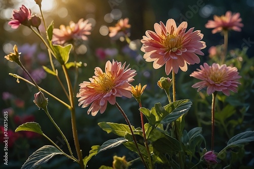 Colorful flowers sway gently in the breez with morning sunshine. photo