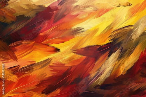 An abstract painting featuring vibrant yellow and red leaves against a bold background, Feathered brush strokes of warm tones representing a Fall scenery, AI Generated
