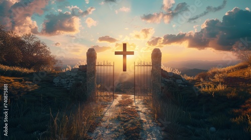 Cross on Calvary hill, sunrise, sunset sky background. Copy space. Ascension day. Christian Easter. Faith in Jesus Christ. Christianity. Church worship, salvation concept. Gate to heaven. photo