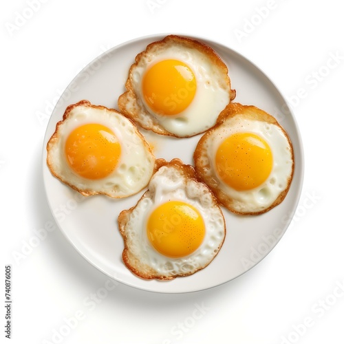 Four sunny side up eggs on a white plate isolated on white background