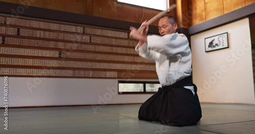 Fitness, stick or Japanese sensei martial arts for practice routine, aikido movement or self defense. Combat demonstration, mature person or training workout for fighting, education or class