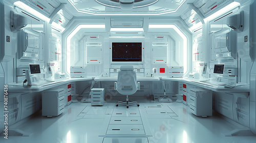 A clean, modern control room inside a spacecraft with striking red accents and high-tech equipment for space exploration.
