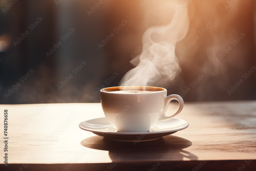 cup of coffee on a table steam from the cup and thin ray morning of light cup of coffee on a table steam from the cup and thin ray morning of light