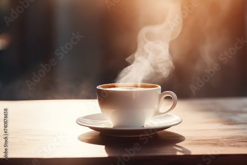 cup of coffee on a table steam from the cup and thin ray morning of light