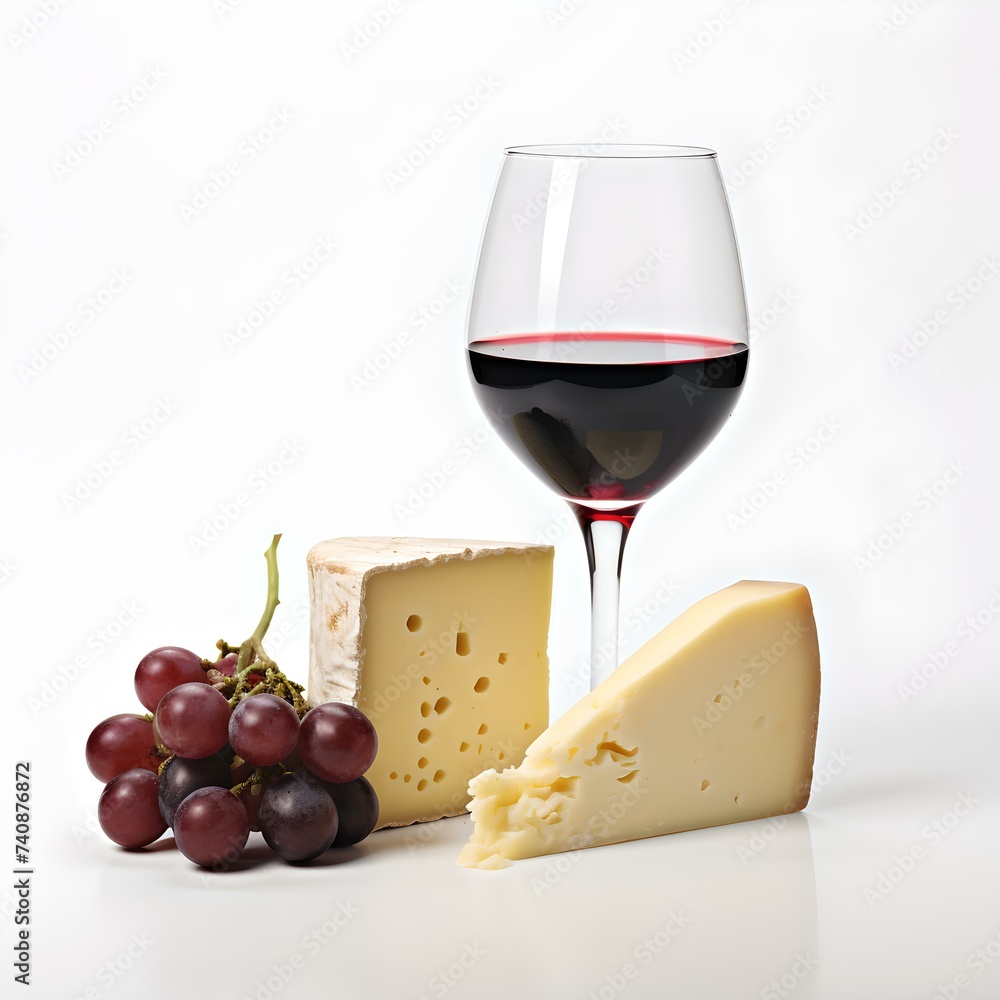 Elegant still life of red wine glass with assorted cheeses and grapes Elegant still life of red wine glass with assorted cheeses and grapes